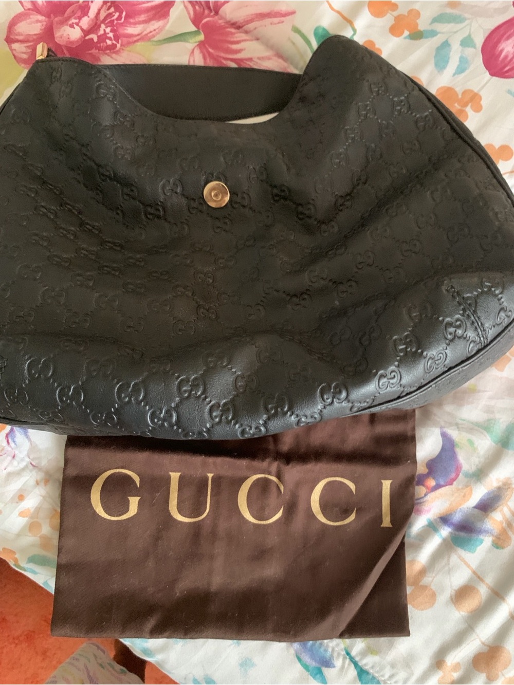 Gucci Black Embossed Leather Shoulder Hobo with Gold Snap